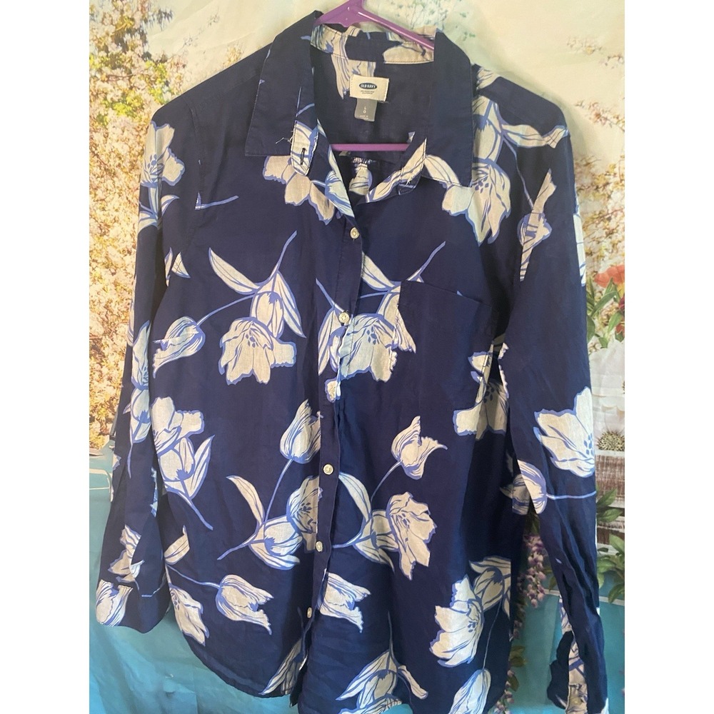 Old Navy Womens Button Front Shirt Sz Large Blue White Floral Semi Sheer Cotton